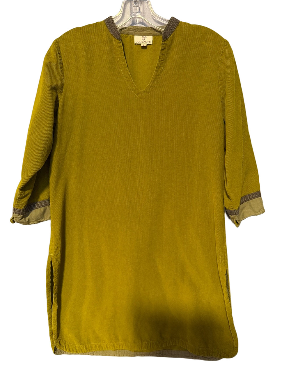 Anokhi Olive Green Corduroy Tunic Top Cotton Trim Relaxed Fit Sz S